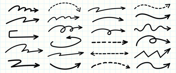 Set of simple lines hand drawn black arrows in various style. Set of simple of hand drawn black arrows. Set of simple lines hand drawn black arrows. Various of simple lines arrows collection