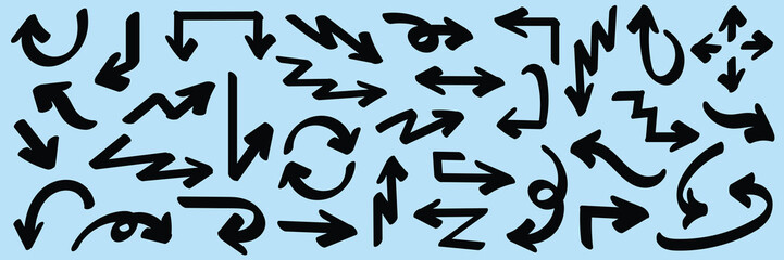 Set of simple bold lines hand drawn black arrows in various style. Set of simple of hand drawn black arrows. Set of simple bold lines hand drawn black arrows. Various of simple lines arrows collection