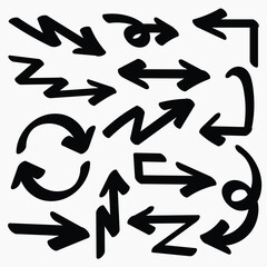 Set of simple bold lines hand drawn black arrows in various style. Set of simple of hand drawn black arrows. Set of simple bold lines hand drawn black arrows. Various of simple lines arrows collection