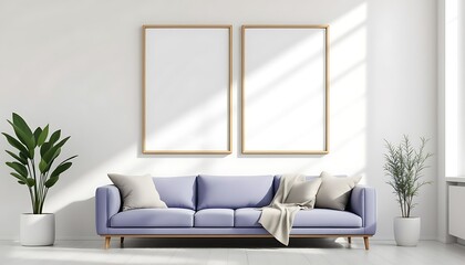 Modern living room, purple sofa, empty frames, sunlight, minimalist decor, interior design mockup