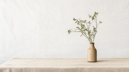 Dried flowers in a small vase on a linen tablecloth against a white wall.