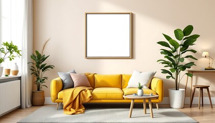 Yellow sofa living room interior design mockup