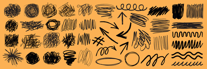 A collection of black ink scribble art illustration. Set of black ink scribble in various design illustrations. Illustration of black ink scribble art collection, scribble lines art illustration