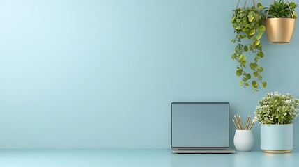 Home office setup with laptop indoor space modern decor plant life soft lighting