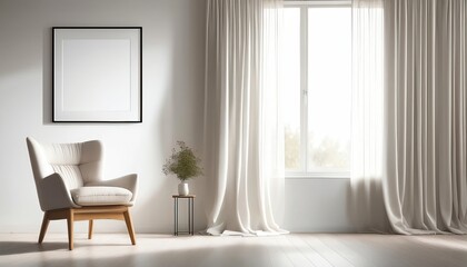 A cozy, minimalist interior featuring a chair beside a window with flowing curtains and a simple decorative plant.