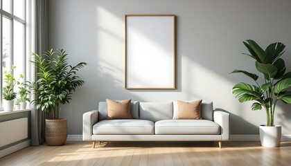 Modern living room interior design; sofa, plants, empty frame; sunlight.  Home decor mock-up