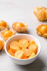 Fresh Cape gooseberry or Golden berry (Physalis peruviana) in bowl ready to eating, Healthy fruit