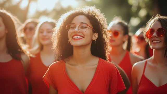 Group of women wearing red walking in solidarity, bright and uplifting , National Wear Red Day