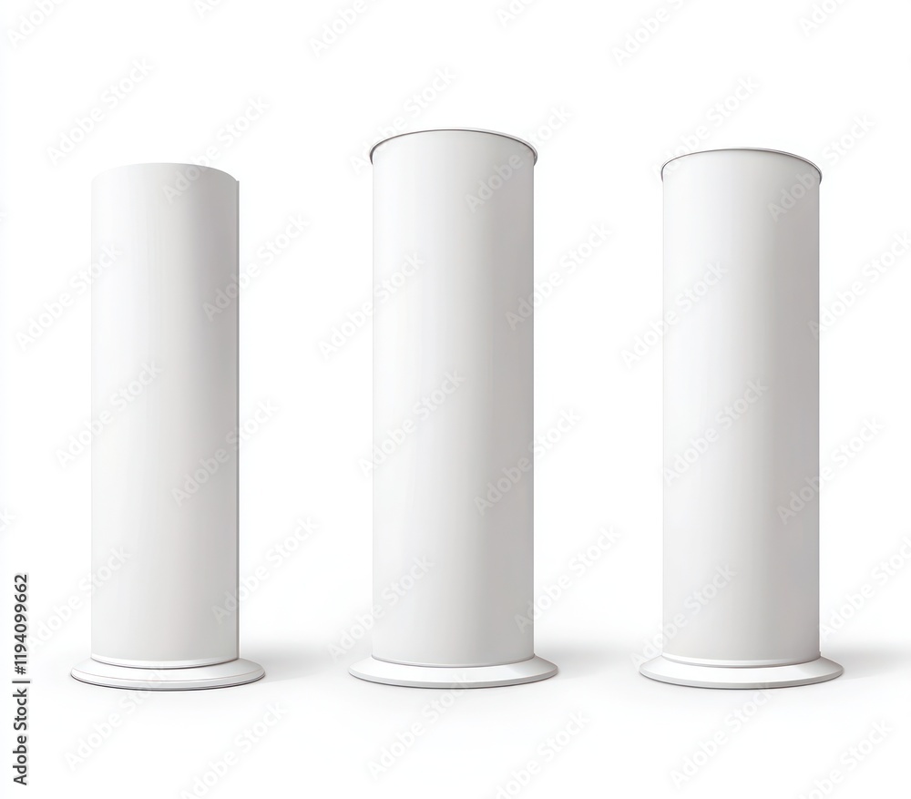 Poster detailed 3d render of a curved vertical display stand from top, side, and front angles.