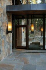 The modern stone entrance of a charming cabin nestled in a tranquil forest features warm lanterns and elegant design elements, creating an inviting atmosphere at dusk
