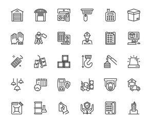 Vector thin line icon set of warehouse service related things, delivering and transportation concept, editable stroke 48x48 pixel perfect for website, mobile app, media, ux,ui design