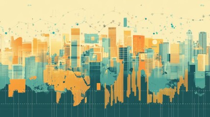 Colorful City Landscape with Abstract Data Visualization and Geometric Shapes, Perfect for Business, Technology, and Urban Design Themes