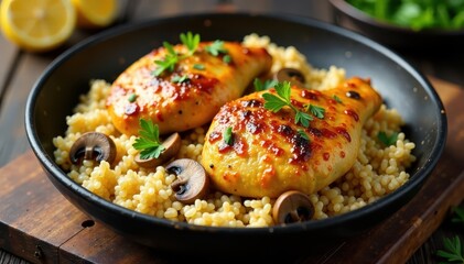 Savory chicken dish in a pan with rice and mushrooms, food, culinary, plate