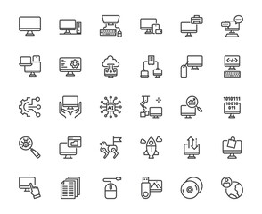 Vector thin line icon set of pc or screen device and related things, computer technology and office equipment, 48x48 pixel perfect editable stroke for website, media, mobile app, ux,ui design