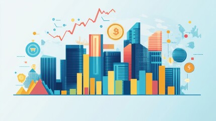 Colorful Abstract City Skyline with Financial Elements Illustrating Economic Growth, Investment Opportunities, and Urban Development Trends in Modern Business Environment