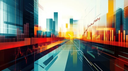 Fototapeta premium Abstract cityscape with vibrant colors, modern skyscrapers, and dynamic financial elements representing growth and innovation in technology and business landscapes