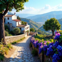 Fototapeta premium Rolling hills of purple grapes and olive trees amidst whitewashed stone buildings, blue sky, landscape, Greek islands