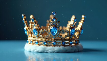 Regal crown adorned with blue diamonds atop a light blue base, surrounded by intricate filigree, luxury, light blue, royal