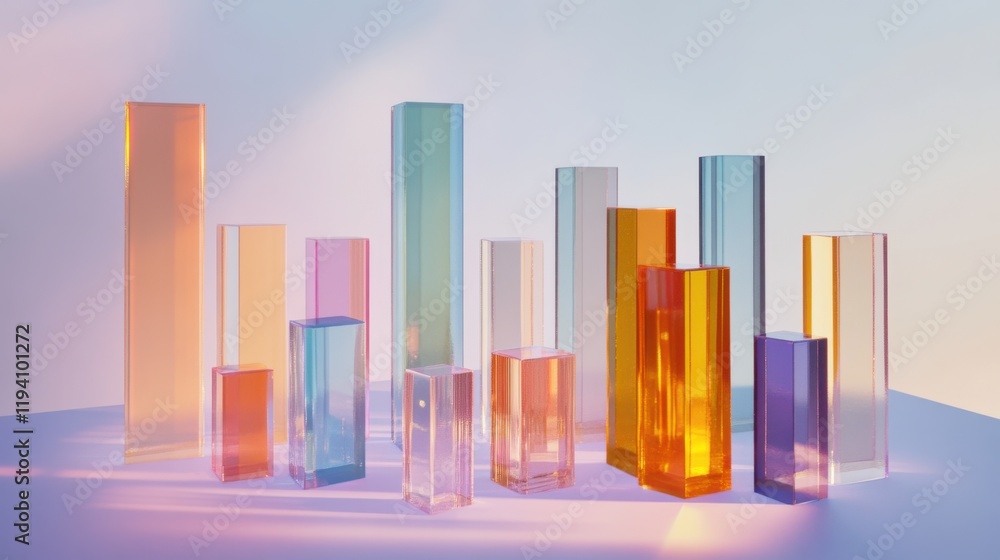 Poster colorful translucent geometric shapes arranged artistically on a soft surface, casting shadows and c