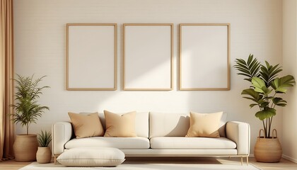 Modern living room with beige sofa, plants, and empty frames