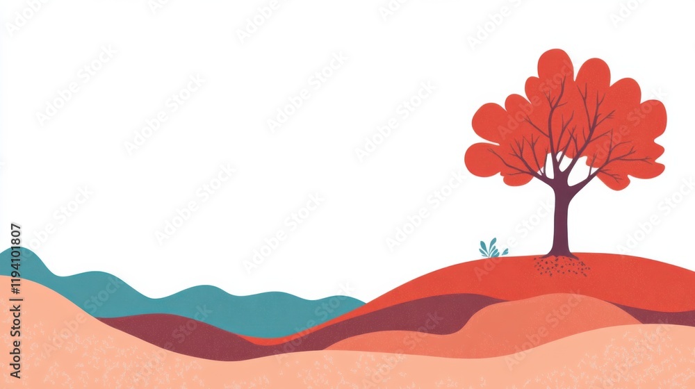 Poster vibrant and minimalistic illustration of a tree on a hill with colorful layers representing nature a