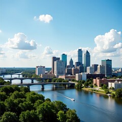 Naklejka premium Panoramic view of modern Downtown Baton Rouge skyline on a sunny day, cityscape, architecture, downtown