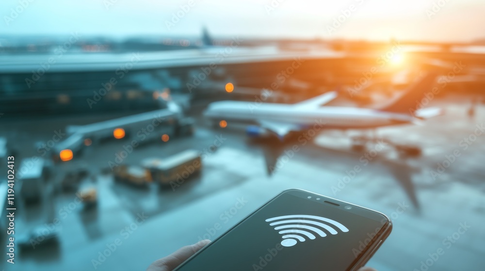 Aufkleber close-up of a smartphone showing fast and secure wi-fi connection in an airport, with a terminal and