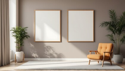 Modern living room mockup, two empty frames, armchair, sunlight, plants