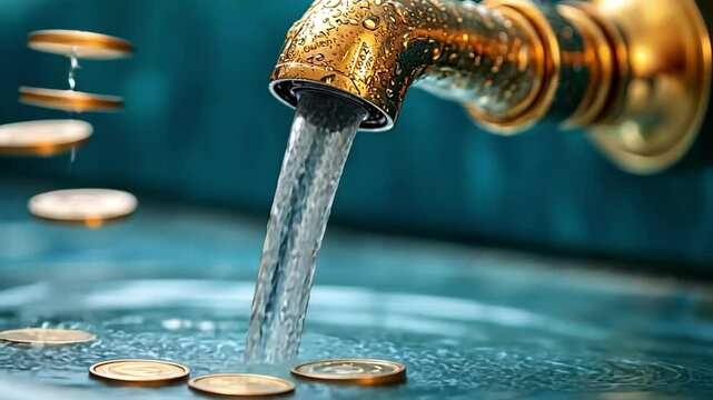 Water is Money: A striking visual metaphor for the value of water, as golden coins fall into a basin while water flows from a gleaming brass faucet. This photo represents the cost of water.