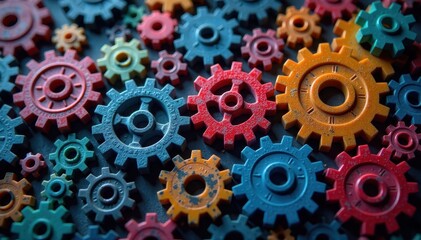 Multicolored gears and cogs working together in harmony, machinery, cooperation, acceptance