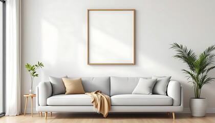 Modern living room, gray sofa, empty frame, sunlight, plants, interior design mockup