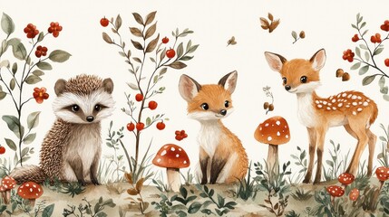 Naklejka premium Cute woodland animals among flowers and mushrooms.