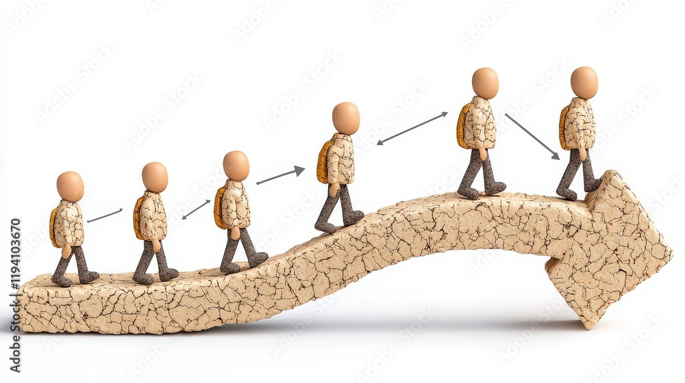 Poster concept of progress with figurative figures climbing a rising arrow representing growth and developm