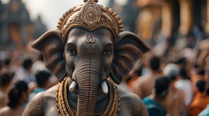 Fototapeta premium A detailed close-up of a majestic Lord Ganesha statue with ornate decorations, set against a blurred crowd celebrating around it.