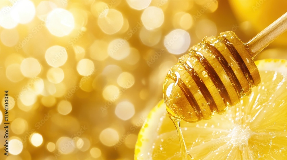 Aufkleber drizzling honey over fresh lemon slice with bokeh background creating a bright and refreshing culina