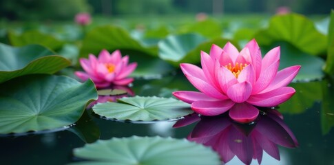 Majestic pink lotus flowers floating on the surface, floating on water, peaceful atmosphere, beautiful aquatic plants