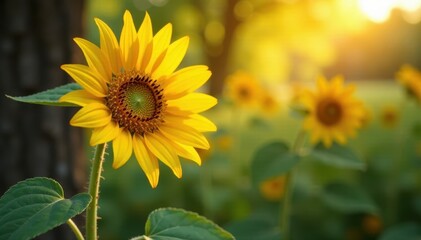 Macro sunflower with large petals and tall stem against a natural background featuring the golden section in tree branches, macro photography, nature, flowers