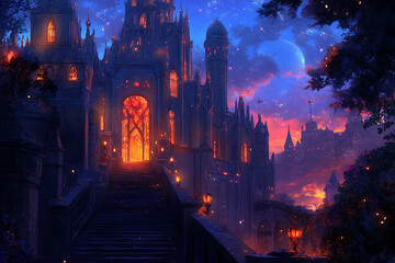 A mystical castle illuminated at twilight, surrounded by enchanting landscapes.