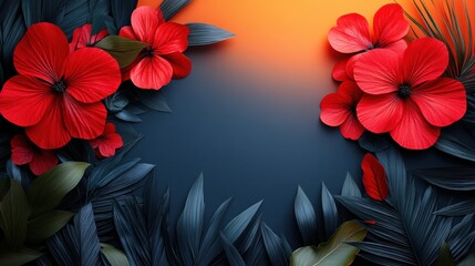Vibrant Red Flowers Framed by Dark Green Leaves Against a Sunset Gradient Background for Nature and Floral Themes in Design and Decoration Projects