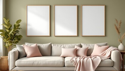 Modern living room, beige sofa, three frames, green wall, sunlit