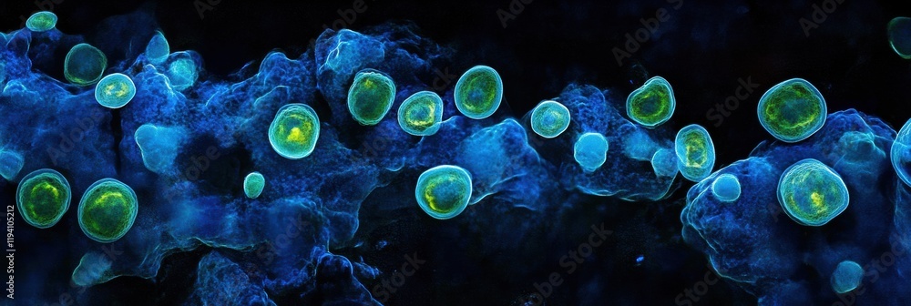 Poster glowing bacteria illuminated under uv light in a dark environment showcasing vibrant colors and uniq