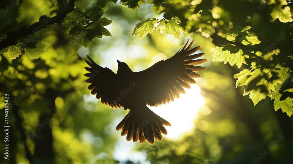 Poster the shadows of birds float across the treetops, and sunlight filters through the leaves, creating a 