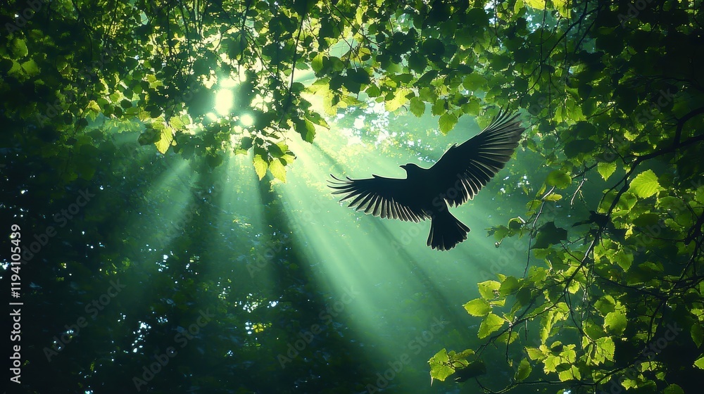 Poster the shadows of birds float across the treetops, and sunlight filters through the leaves, creating a 