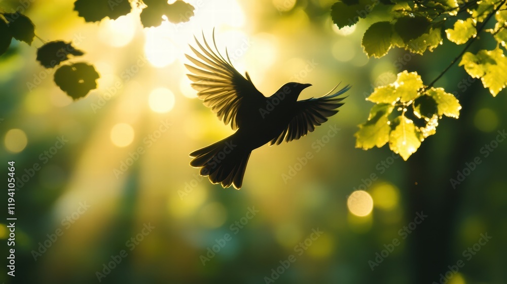 Poster the shadows of birds float across the treetops, and sunlight filters through the leaves, creating a 
