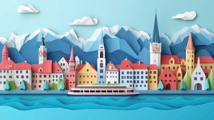 Fototapeta premium A colorful paper-cut landscape featuring mountains, a lake, and charming buildings.