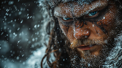 Powerful Viking warrior in full battle gear, wielding an axe and shield on a rugged battlefield, fierce expression, Norse warrior legacy, medieval warrior stance, Viking combat readiness 