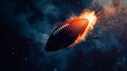A dynamic football surrounded by explosive effects in a dramatic setting.
