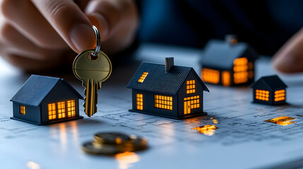 a house key and house model while the buyer and real estate agent discuss the terms of the purchase agreement, insurance, or loan history.