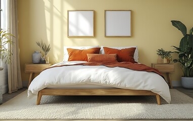 Sunny bedroom interior design, cozy bed, plants, and sunlight. Home decor inspiration