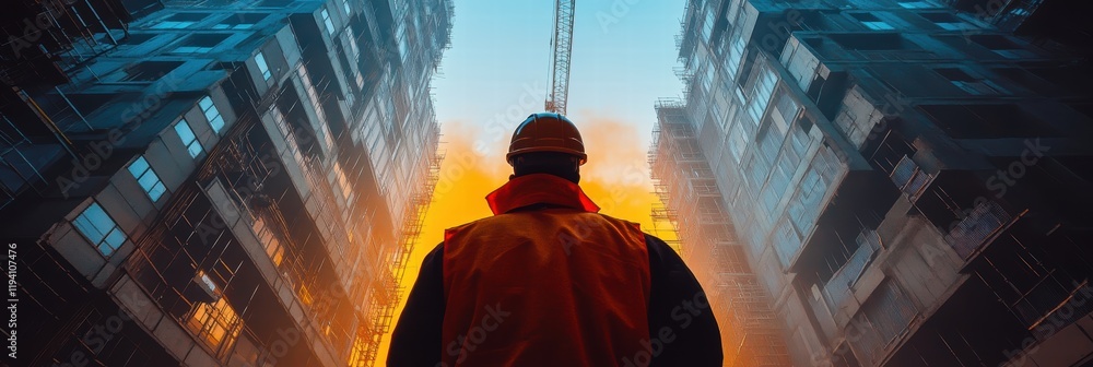Poster shadows of construction workers under a crane, with a tall structure in the background as they move 